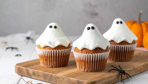 Cute homemade ghost cupcakes adorned with white frosting and candy eyes, perfect for Halloween celebrations