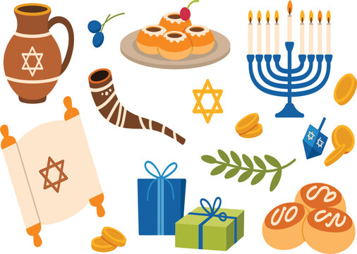 Hanukkah festival icon set with torah scroll, menorah, dreidel, gelt and traditional Jewish holiday food, vector