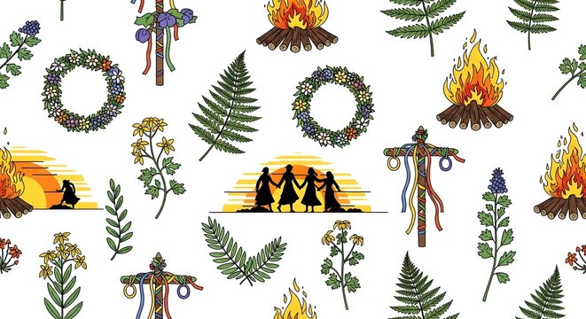 Midsummer Solstice Celebration Elements with Bonfire, Wreath and Dancing Silhouettes