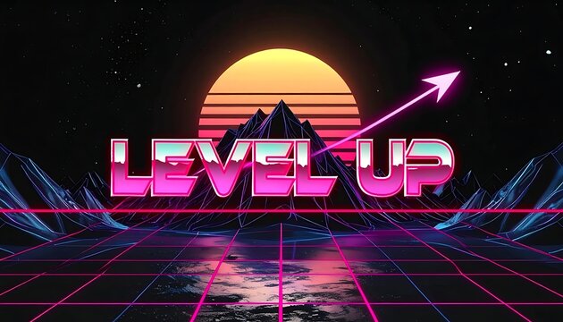 Retro neon level up gaming background.