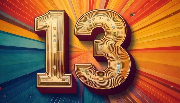 Golden Number 13 with Retro Sunburst Background.