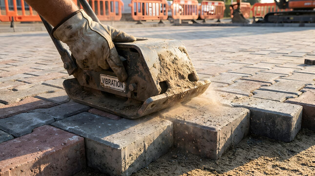 Plate compactor on block paving |Professional driveway construction process| Compacting interlocking pavers with vibration plate| Construction worker installing stone driveway| Roadwork 