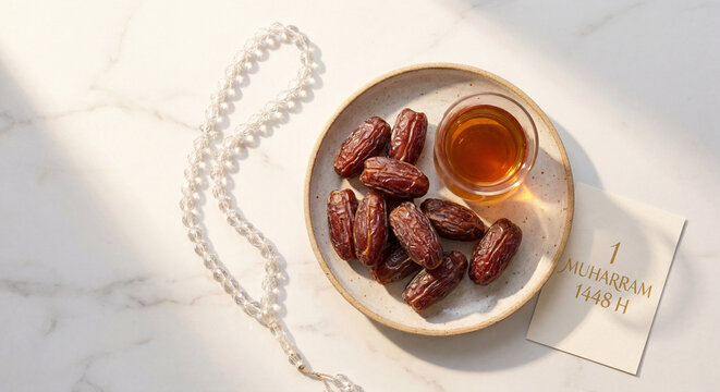 Premium Islamic New Year Flat Lay with Medjool Dates Artisanal Tea and Crystalline Prayer Beads on Marble