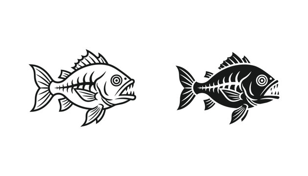 Piranha fish skeleton mascot icon featuring sharp teeth and bony structure in bold outline and solid black silhouette vector style