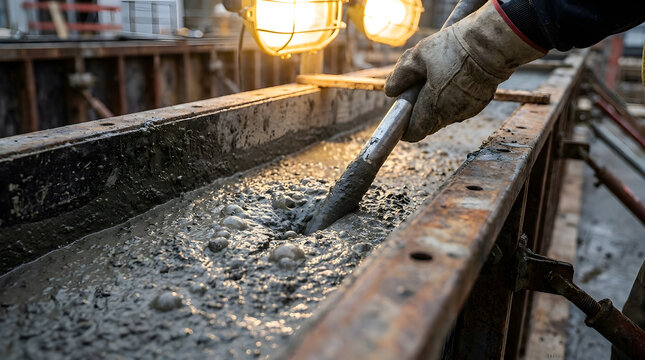 Worker using concrete vibrator on construction site | Wet concrete compaction process in formwork | Close up of construction worker hand in safety glove | Industrial concrete pouring technique