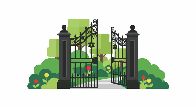 Open ornate garden gate with path leading to lush trees and flowers