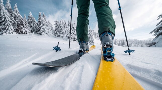 Skier with touring skis and poles in winter snow