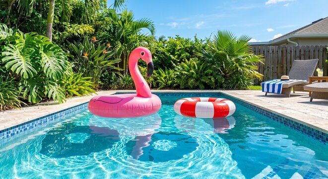 Flamingo Pool Float in Backyard Swimming Pool