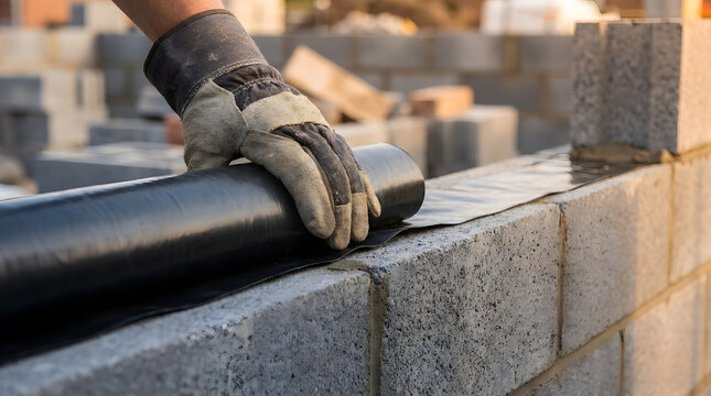 installing damp proof course on block wall | bricklayer applying DPC membrane roll | moisture protection in home construction | professional masonry work with waterproof barrier