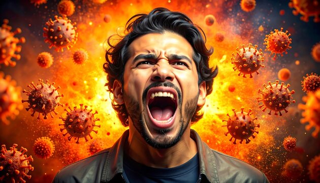 A man screams amidst a fiery background with viral particles