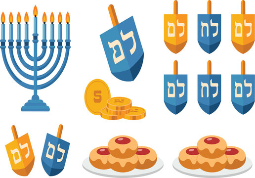 Hanukkah festival icon set with blue menorah candles, dreidel spinning tops, gelt and jelly donuts, vector