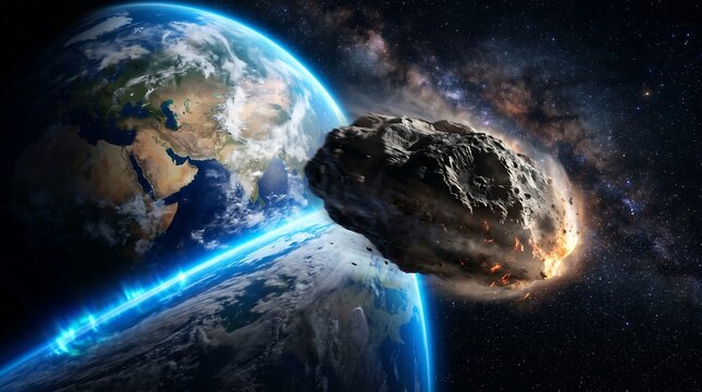 Asteroid approaching earth in deep space with stars and nebula, outer space