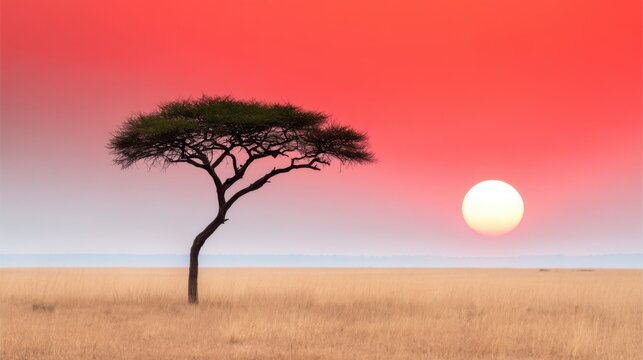 Silhouette of a single flat top acacia tree against a massive deep red setting sun, hazy horizon, African savanna atmosphere, minimalist and iconic