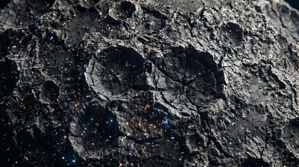 Extreme close-up of a dark, cratered asteroid surface with shimmering minerals