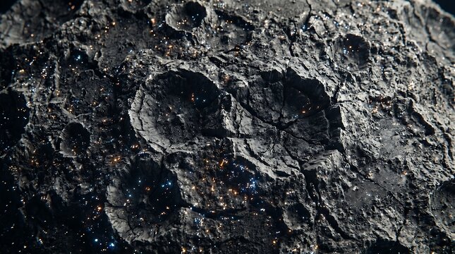 Extreme close-up of a dark, cratered asteroid surface with shimmering minerals