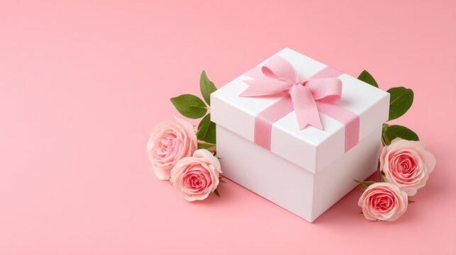 A lovely gift box adorned with a pink ribbon rests amidst soft pink roses on a gentle pastel backdrop. This scene captures a warm feeling of joy and celebration, perfect for special occasions