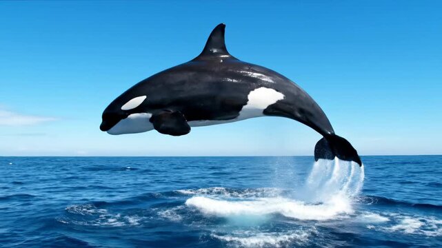 A majestic orca whale powerfully leaps from the deep blue ocean waters, showcasing its incredible dynamism and the breathtaking beauty of marine life against a bright, clear sky
