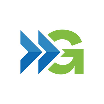 This is a simple flat logo design of an initial letter G in combination with two arrow heads facing right. The logo looks clean in green and blue color combo in white background. 