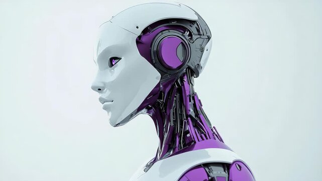Advanced humanoid robot with white and purple elements in a clean minimal setting highlighting artificial intelligence robotics and sleek futuristic design with smooth surfaces and modern technology