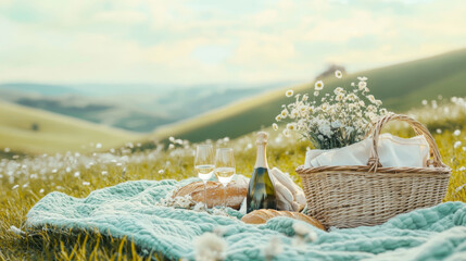 Obraz premium Idyllic picnic with wine and cheese in blooming meadow