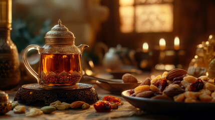 Naklejka premium Elegant Arabic Tea with Nuts and Dried Fruits