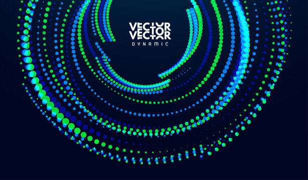 Dynamic particles. Technological context. Concentric circle. Ring of sound waves. Pulsation or vibration signal. 3D vector illustration for brochure, poster, cover, card, presentation, flyer or banner