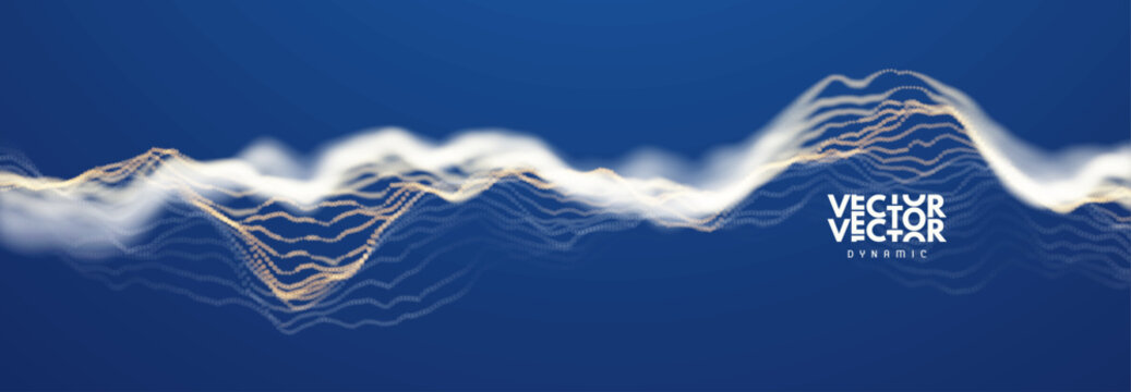 Golden waves with a hazy haze above. Scanning and monitoring visualization. Grid. Dynamic particles. Dotted wave. Technological concept. 3D vector for brochure, poster, cover, presentation, flyer, etc