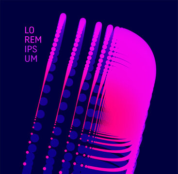 A multitude of dots create a block shape with a color transition and glow. Curved lines pulsate with electrical energy and movement. Industrial style. Suitable for digital projects. Microphone.