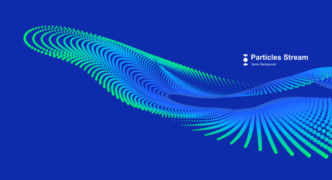 Small dynamic particles. Grid. Flowing curved structure with the effect of movement around the center. Abstract digital background design. Portal in space. Vector for cover, presentation, flyer, etc.