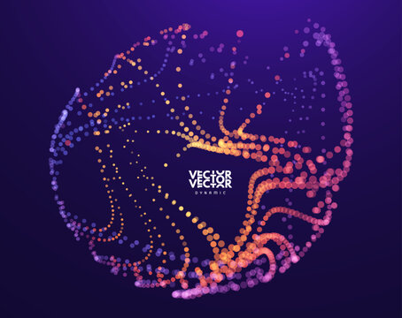 A glowing object made of dots on a dark background. Particle trajectory. Scientific research. 3D illustration for brochure, poster, cover, card, presentation, flyer or banner.