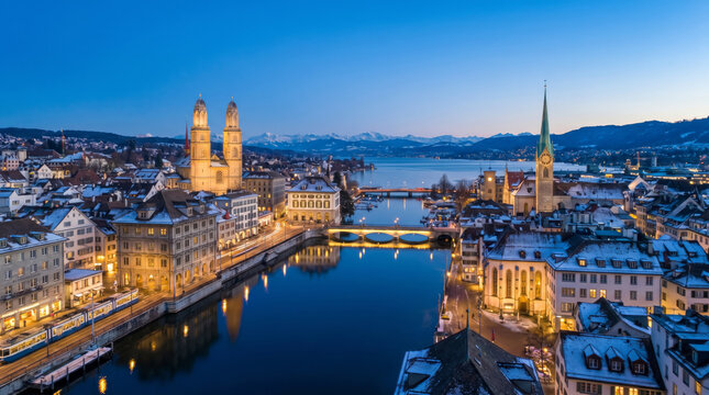 Panoramic aerial view of Zurich, Switzerland at dusk with the Limmat River flowing through the city and snow-capped mountains in the distance.