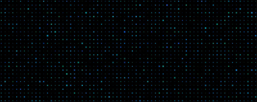 Abstract geometric pattern of small blue and green shapes on black background digital technology data theme