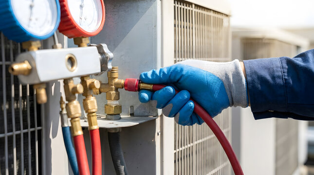 HVAC technician repairing air conditioning unit | checking refrigerant pressure with manifold gauges | professional AC maintenance and repair services | heating and cooling system diagnostic testing