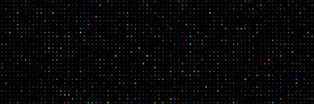 Abstract Geometric Pattern with Diverse Small Shapes and Vibrant Multicolored Dots on Black Background