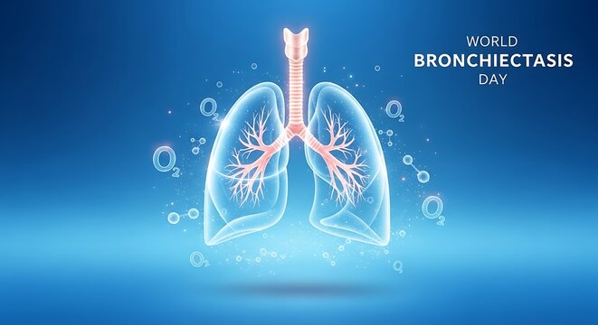 World Bronchiectasis Day Banner with Lung Anatomy and Oxygen Symbols