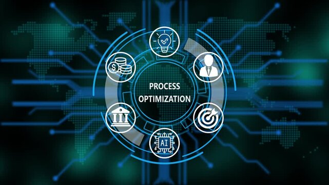 &ldquo;Process Optimization, Artificial Intelligence, and Global Business Network Technology Concept&rdquo;. Digital circuit board on world background. Representing artificial intelligence, and future technology