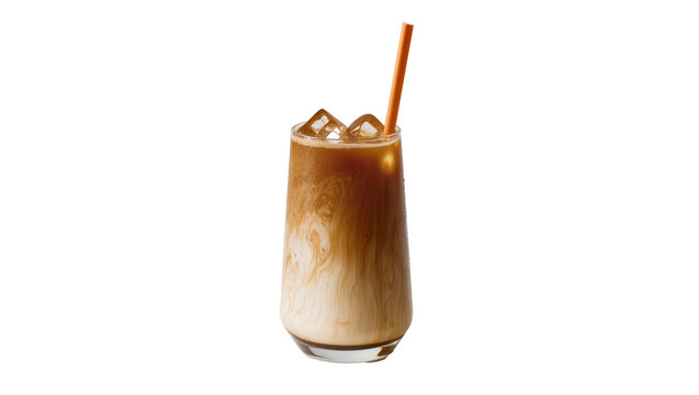 Tall glass of iced latte with swirling cream and ice cubes, isolated on transparent background