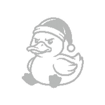 Angry Christmas duck mascot wearing Santa hat, grumpy rubber ducky holiday vector illustration, mean duckling character for winter apparel