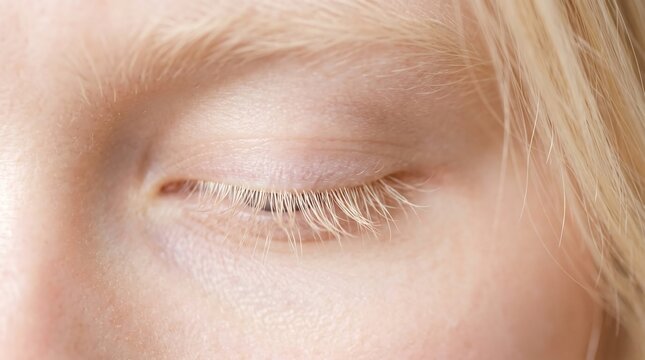 Albino woman closed eye macro, blonde eyelashes and pale skin texture, ethereal beauty portrait of person with albinism, genetic condition concept