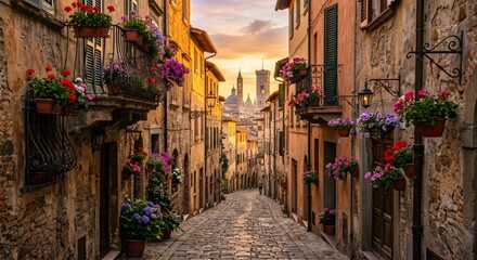 Fototapeta premium Street View of Italian Town with Hanging Flowers and Church in Background