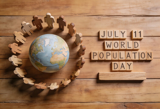 World population day july eleven with globe and wooden people figures.