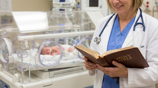 Concept of faith and medicine. Smiling female doctor reading the Holy Bible while standing in a hospital NICU next to an incubator with a premature newborn baby