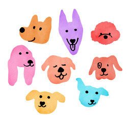 Fototapeta premium Watercolor cute dogs faces in cartoon style isolated on transparent background