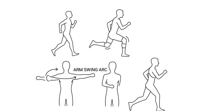 Running and arm swing arc illustrated in vector outlines on white