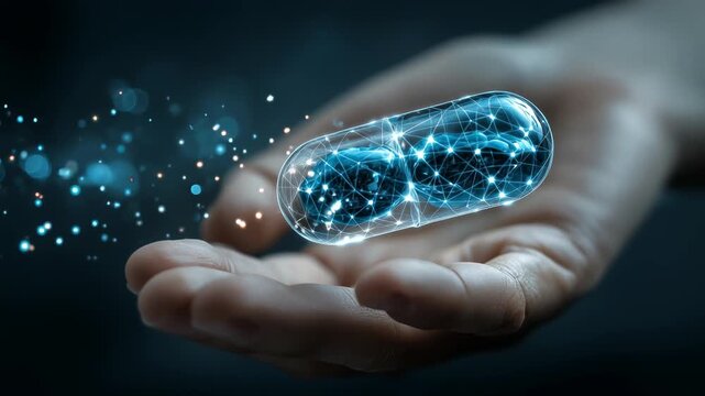 Digital Health in Hand: A futuristic depiction of a glowing capsule, embodying the essence of digital health, held gently in a hand. It symbolizes the convergence of technology and well-being.