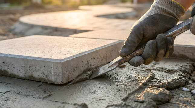 Professional patio installation process | Laying paving slabs in garden path | Landscaping worker installing stone pavers | Construction worker hand with paving tool