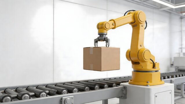 Yellow robotic arm handling box on conveyor