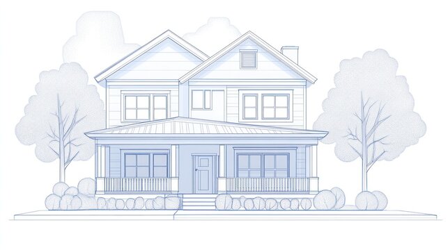 Light-blue outline of a two-story house with porch and trees.  Possible use real estate design, architectural rendering