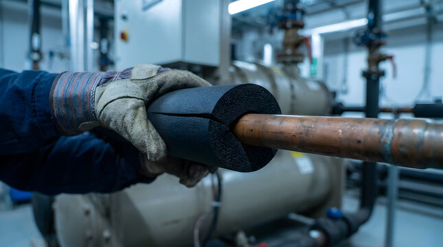 Installing foam pipe insulation on copper pipe | HVAC maintenance technician industrial mechanical room | Thermal insulation for energy efficiency | Professional plumber working on plumbing system