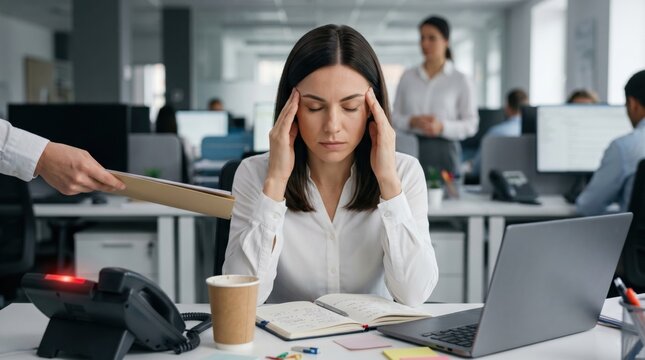 Exhausted office woman sits in open space workspace while handling nonstop interruptions, clearly expressing burnout, pressure, distraction and workday fatigue.